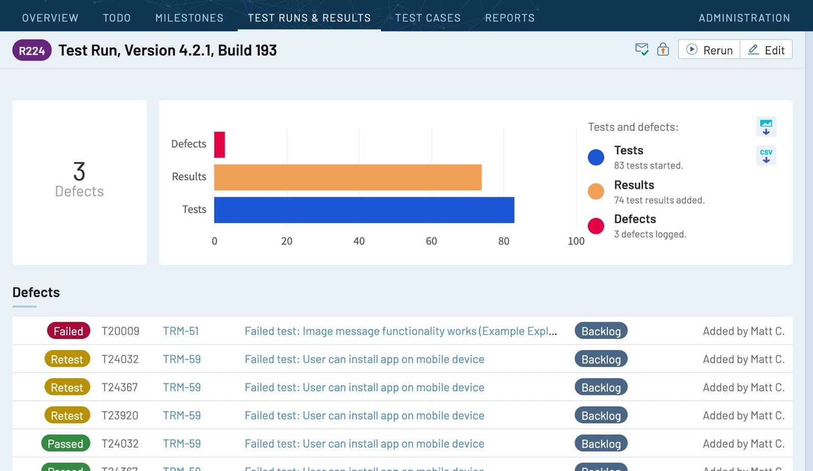 Instantly generate traceability reports in TestRail so that your team can see the status of testing in real time, evaluate coverage, and link tests to requirements and defects in Atlassian Jira.