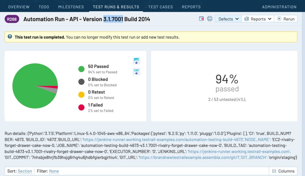 A screenshot of a test run in TestRail displaying results from automated tests.