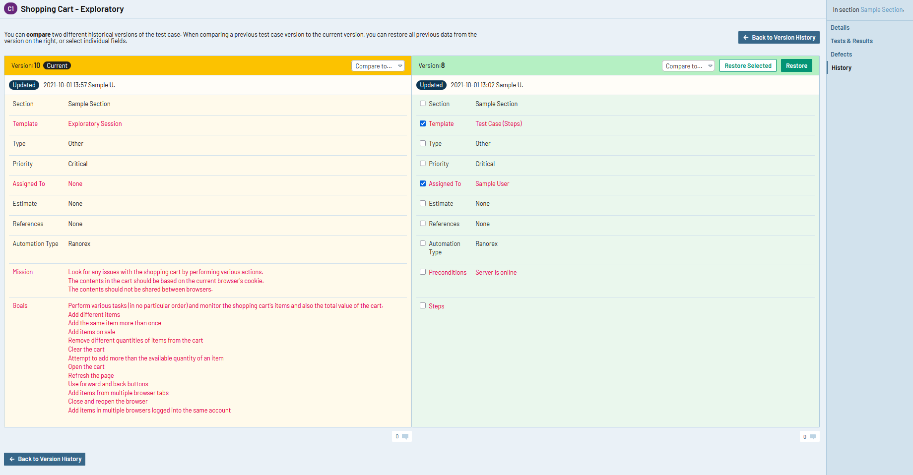 TestRail 7.3 a new interface that shows both versions of the test case side-by-side.