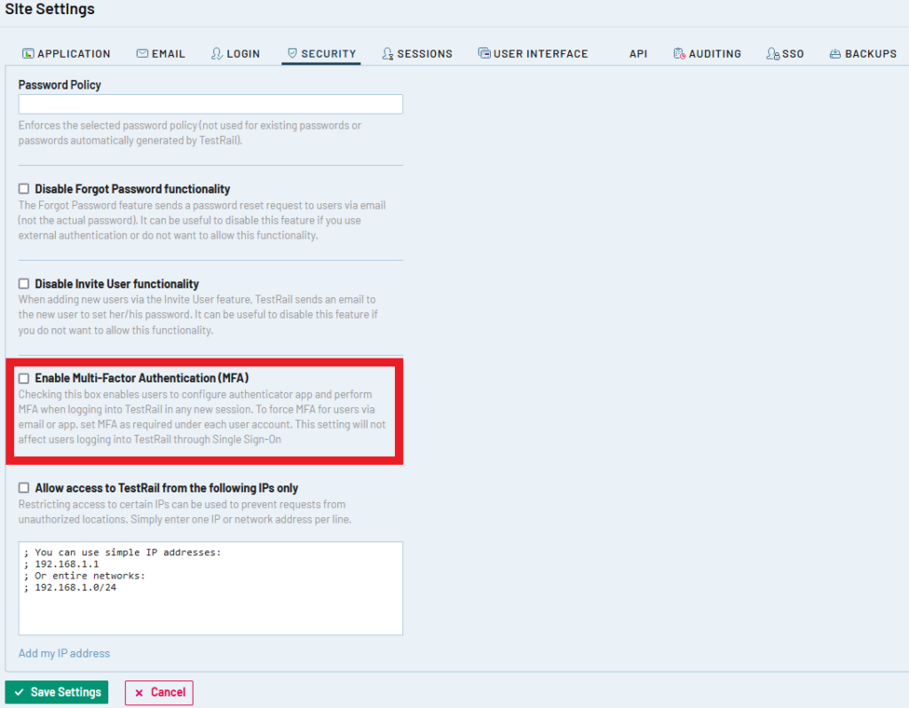 MFA Site settings