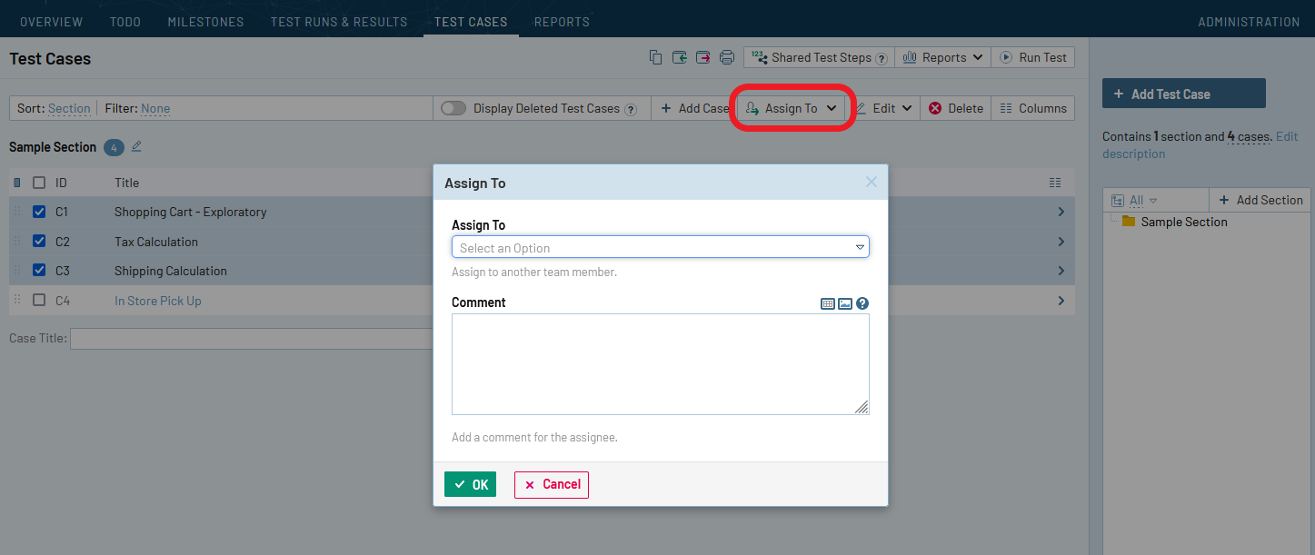 TestRail 7.3 assign and comment on test cases in bulk