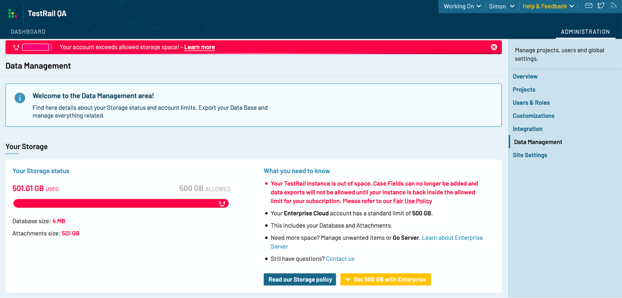 TestRail data management area with overage