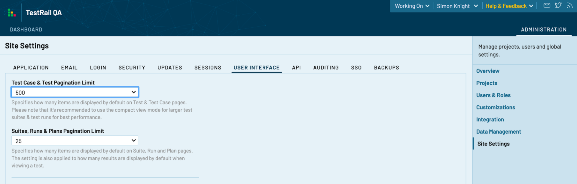 TestRail user interface console