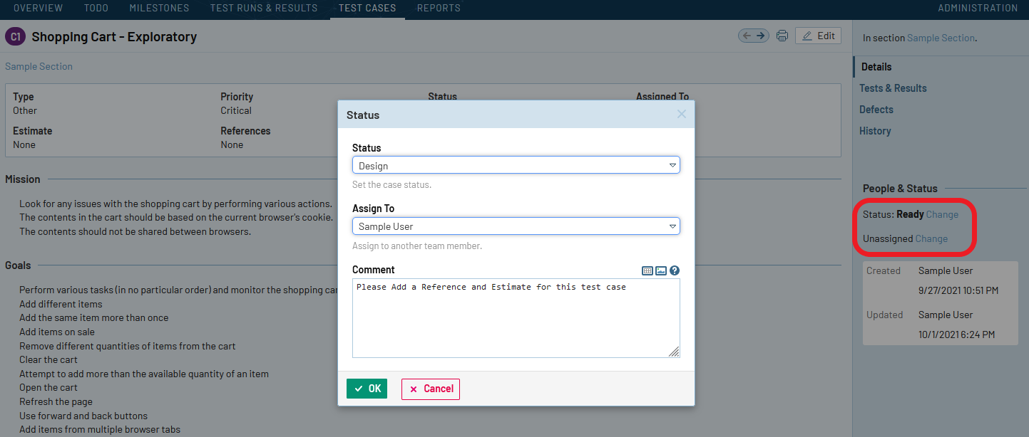 TestRail 7.3 assign test cases to various users, add a comment, and change the case status all in a single dialog.