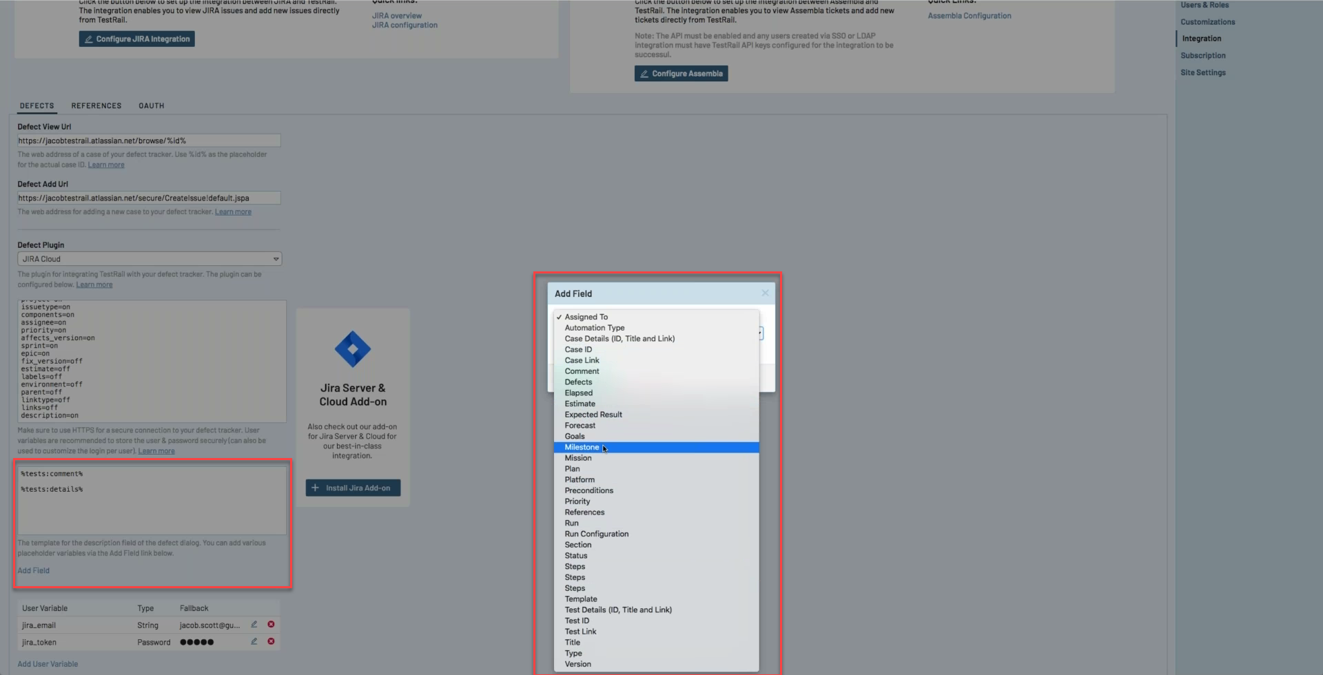 TestRail custom push template screen