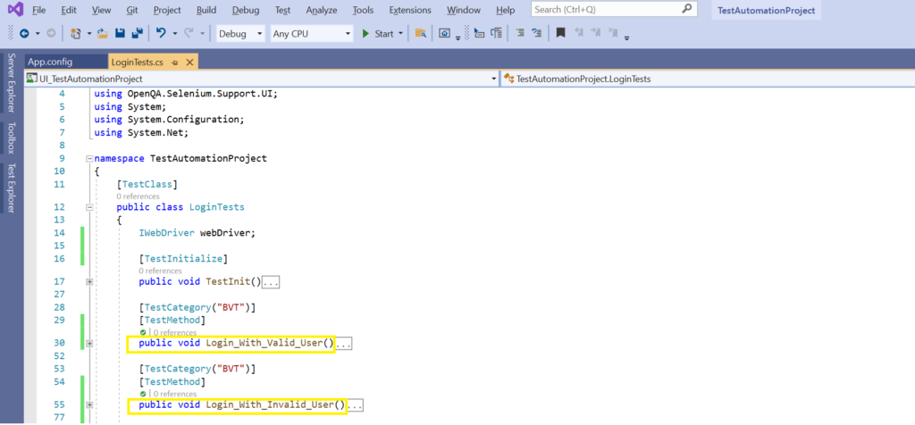 Test automation file in Visual Studio